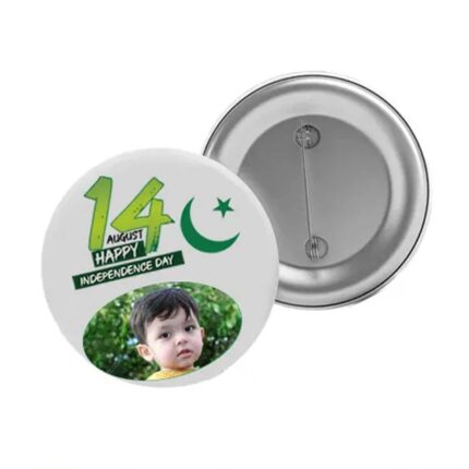 Round Custom Azadi Badge featuring the Pakistani flag colors with a personalized name or message, designed for Independence Day celebrations