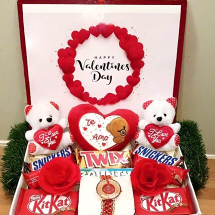 Romantic Valentine’s gift box featuring custom mug, chocolates, and love-themed accessories – ideal gift for him or her