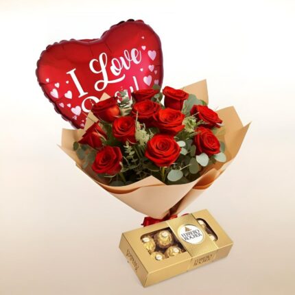 Romantic Valentine’s gift box featuring custom mug, chocolates, and love-themed accessories – ideal gift for him or her
