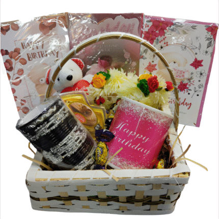 Luxury gift basket with chocolates, candles, and personalized items – elegant curated hamper for all occasions