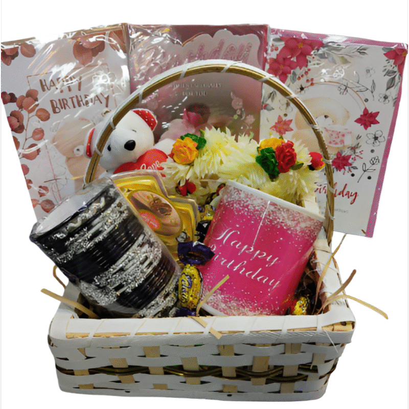 Luxury gift basket with chocolates, candles, and personalized items – elegant curated hamper for all occasions