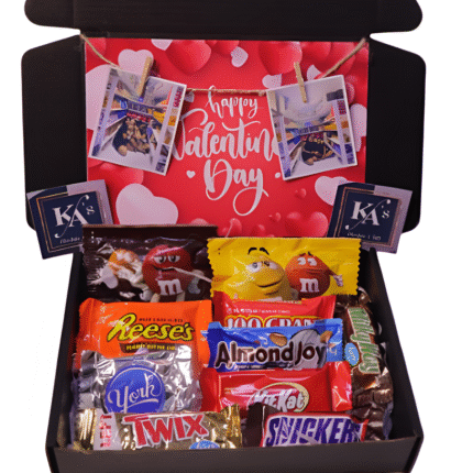 Romantic Valentine’s gift box featuring custom mug, chocolates, and love-themed accessories – ideal gift for him or her